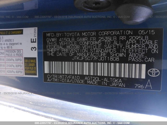 JTKJF5C77FJ011808 - 2015 TOYOTA SCION TC 蓝色 照片 9