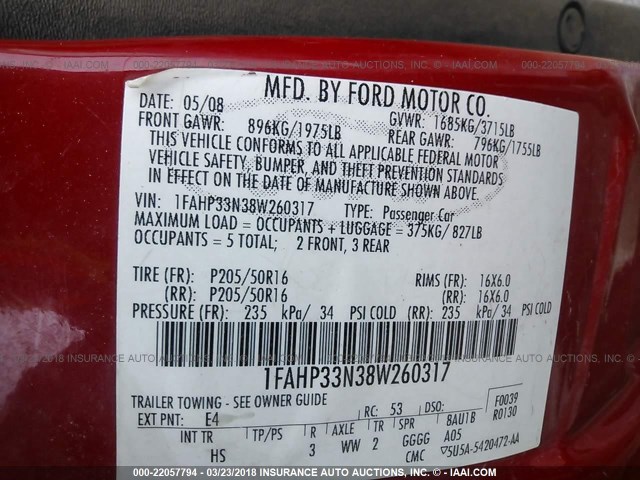 1FAHP33N38W260317 - 2008 FORD FOCUS SE/SEL/SES RED photo 9