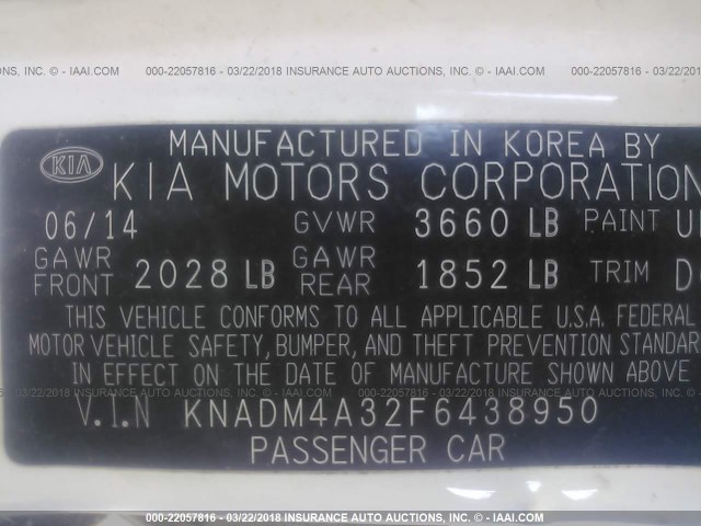 KNADM4A32F6438950 - 2015 KIA RIO LX WHITE photo 9