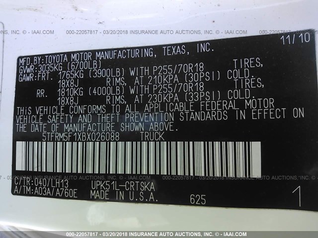 5TFRM5F1XBX026088 - 2011 TOYOTA TUNDRA DOUBLE CAB SR5 WHITE photo 9