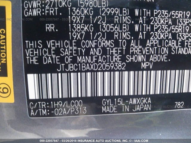 JTJBC1BAXD2059382 - 2013 LEXUS RX 450 GRAY photo 9