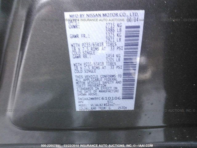 5N1AR2MN9FC610106 - 2015 NISSAN PATHFINDER S/SV/SL/PLATINUM 灰色 照片 9