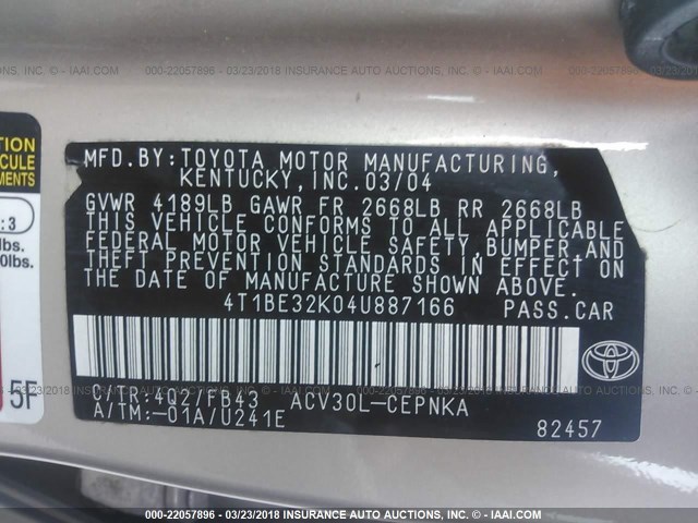 4T1BE32K04U887166 - 2004 TOYOTA CAMRY LE/XLE/SE 棕色 照片 9