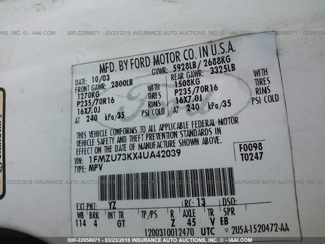 1FMZU73KX4UA42039 - 2004 FORD EXPLORER XLT/XLT SPORT/NBX WHITE photo 9