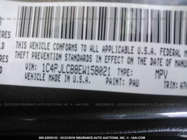 1C4PJLCB8EW158021 - 2014 JEEP CHEROKEE LATITUDE GRAY photo 9