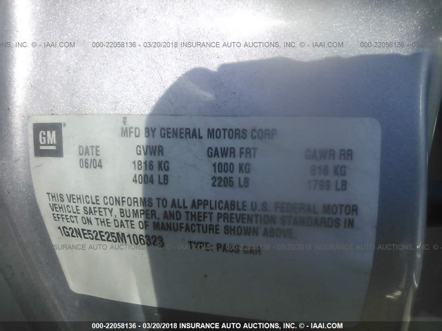 1G2NE52E25M106323 - 2005 PONTIAC GRAND AM SE SILVER photo 9