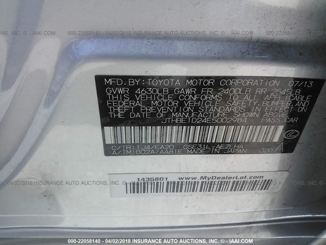 JTHBE1D24E5002984 - 2014 LEXUS IS 350 SILVER photo 9