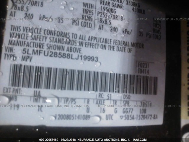 5LMFU28588LJ19993 - 2008 LINCOLN NAVIGATOR BLACK photo 9