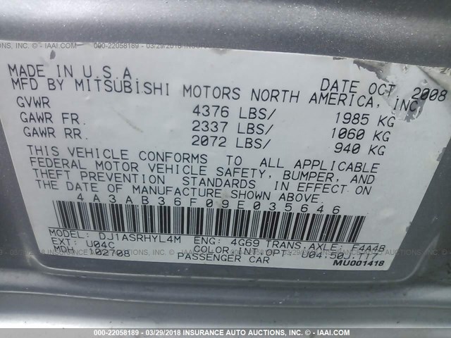 4A3AB36F09E035646 - 2009 MITSUBISHI GALANT ES SILVER photo 9