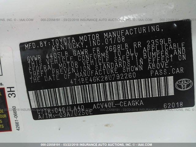 4T1BE46K28U792260 - 2008 TOYOTA CAMRY CE/LE/XLE/SE WHITE photo 9