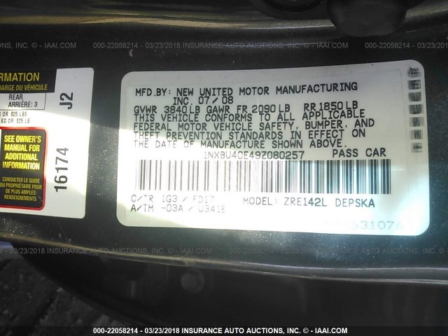 1NXBU40E49Z080257 - 2009 TOYOTA COROLLA S/LE/XLE GRAY photo 9