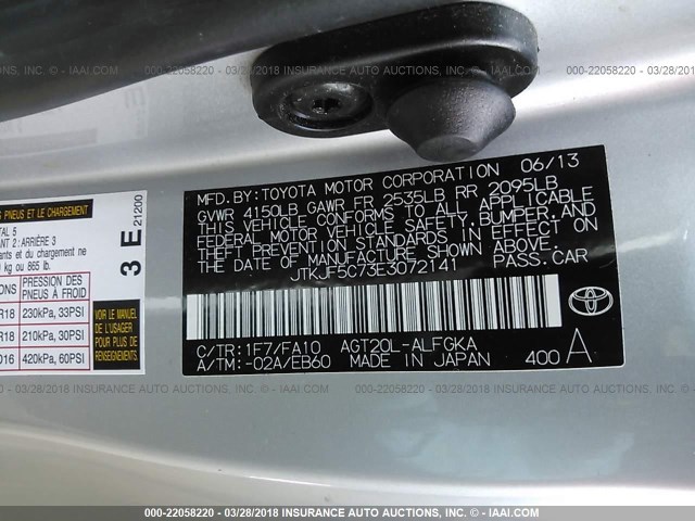 JTKJF5C73E3072141 - 2014 TOYOTA SCION TC 银色 照片 9
