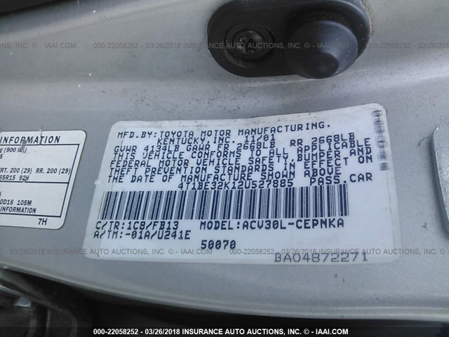 4T1BE32K12U527885 - 2002 TOYOTA CAMRY LE/XLE/SE SILVER photo 9