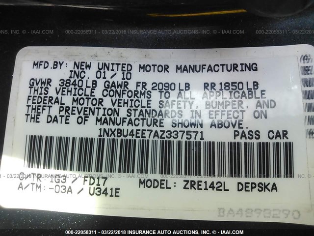 1NXBU4EE7AZ337571 - 2010 TOYOTA COROLLA S/LE/XLE GRAY photo 9