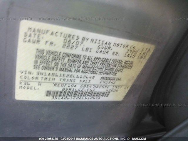 3N1AB61E28L612648 - 2008 NISSAN SENTRA 2.0/2.0S/2.0SL GRAY photo 9