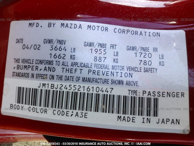 JM1BJ245521610447 - 2002 MAZDA PROTEGE PR5 红色 照片 9