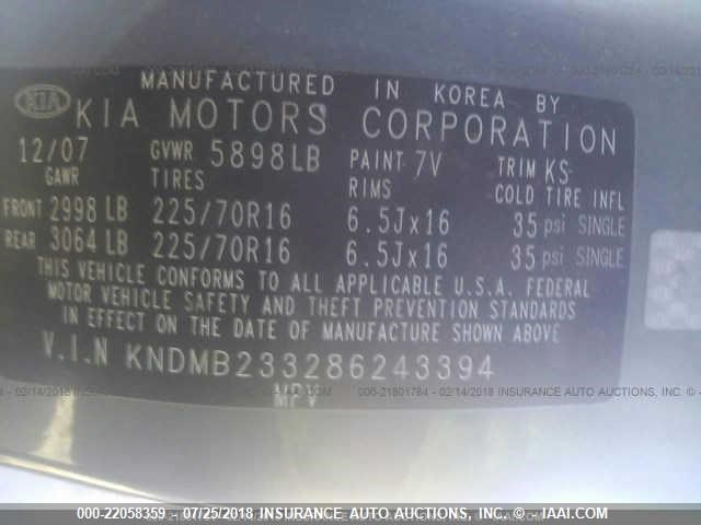 KNDMB233286243394 - 2008 KIA SEDONA EX/LX BLUE photo 9