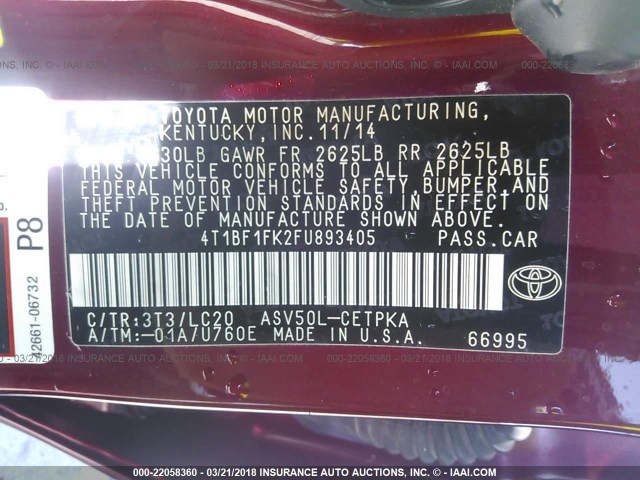 4T1BF1FK2FU893405 - 2015 TOYOTA CAMRY LE/XLE/SE/XSE RED photo 9