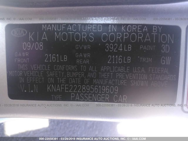 KNAFE222895619609 - 2009 KIA SPECTRA EX/LX/SX SILVER photo 9