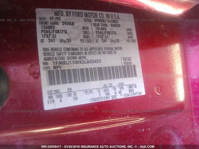 1FMRU15WX3LA55455 - 2003 FORD EXPEDITION XLT Qırmızı foto 9