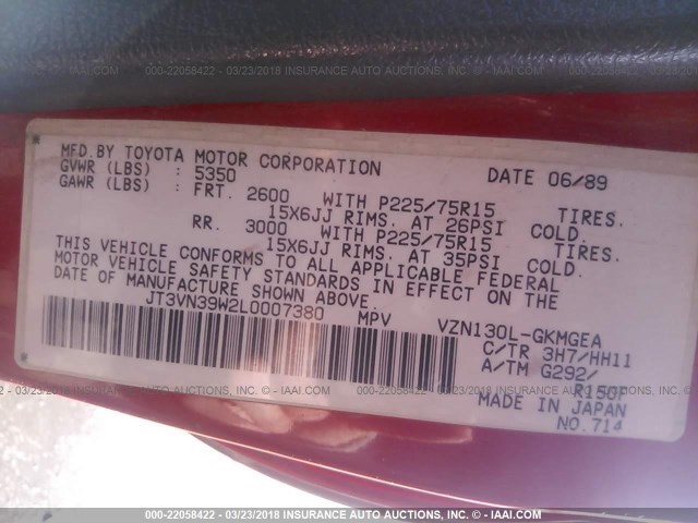 JT3VN39W2L0007380 - 1990 TOYOTA 4RUNNER VN39 SR5 红色 照片 9