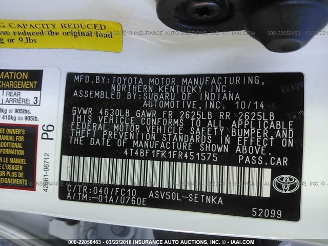 4T4BF1FK1FR451575 - 2015 TOYOTA CAMRY LE/XLE/SE/XSE WHITE photo 9