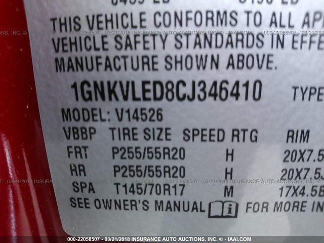 1GNKVLED8CJ346410 - 2012 CHEVROLET TRAVERSE LTZ RED photo 9