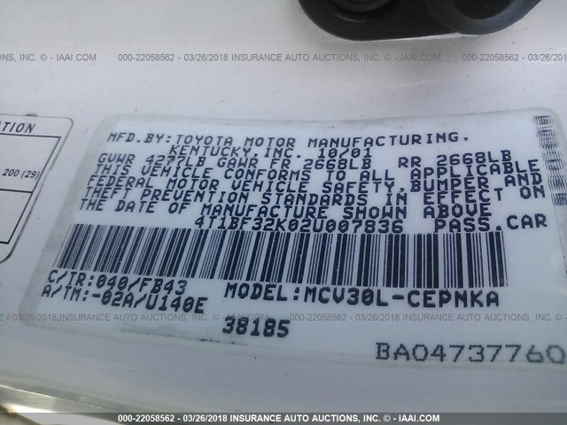 4T1BF32K02U007836 - 2002 TOYOTA CAMRY LE/XLE/SE WHITE photo 9