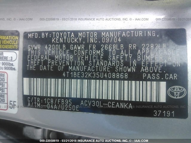 4T1BE32K35U408868 - 2005 TOYOTA CAMRY LE/XLE/SE ვერცხლისფერი ფოტო 9