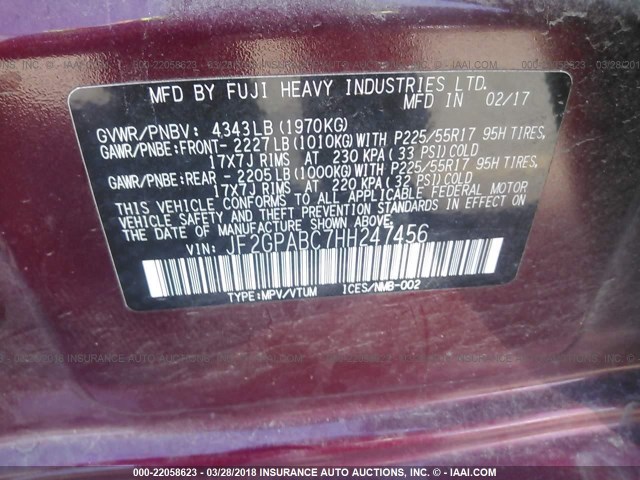 JF2GPABC7HH247456 - 2017 SUBARU CROSSTREK PREMIUM წითელი ფოტო 8