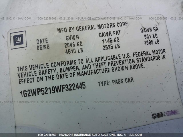 1G2WP5219WF322445 - 1998 PONTIAC GRAND PRIX GTP WHITE photo 9