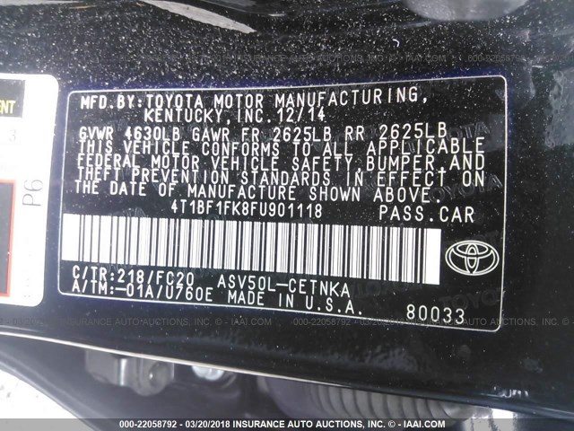 4T1BF1FK8FU901118 - 2015 TOYOTA CAMRY LE/XLE/SE/XSE Schwarz Foto 9