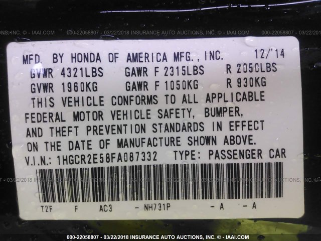 1HGCR2E58FA087332 - 2015 HONDA ACCORD SPORT 黑色 照片 9