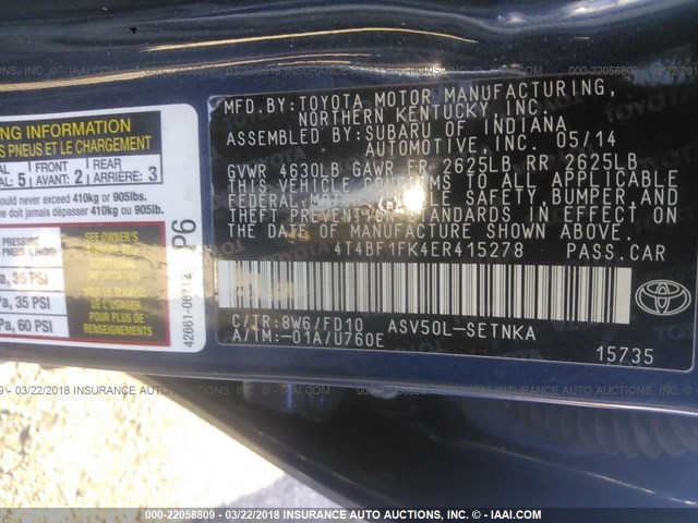 4T4BF1FK4ER415278 - 2014 TOYOTA CAMRY L/SE/LE/XLE GRAY photo 9