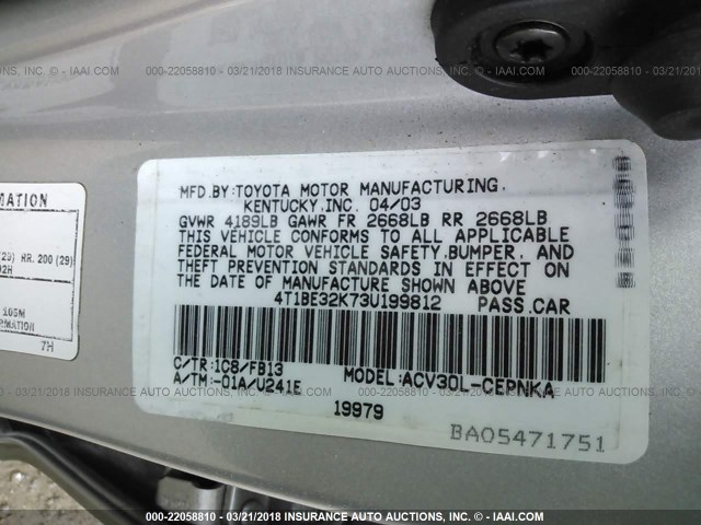 4T1BE32K73U199812 - 2003 TOYOTA CAMRY LE/XLE/SE GRAY photo 9