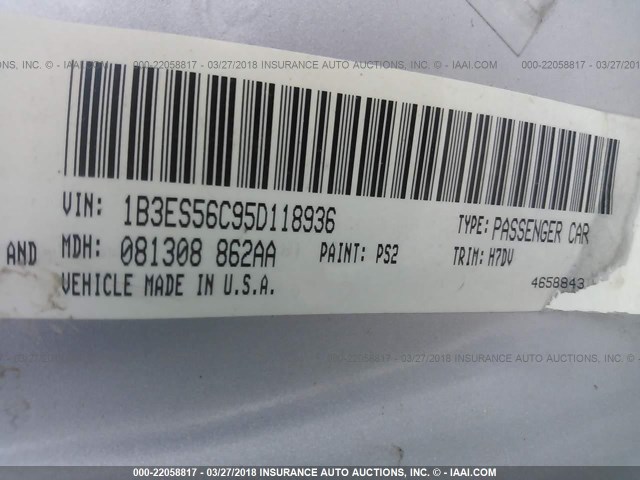 1B3ES56C95D118936 - 2005 DODGE NEON SXT SILVER photo 9