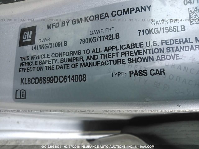 KL8CD6S99DC614008 - 2013 CHEVROLET SPARK 1LT Серебристый фото 9