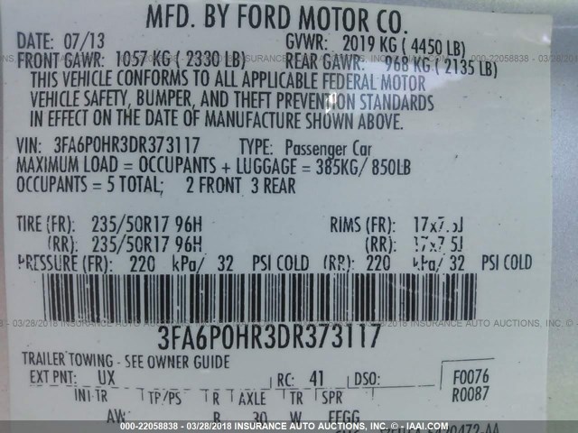 3FA6P0HR3DR373117 - 2013 FORD FUSION SE SILVER photo 9