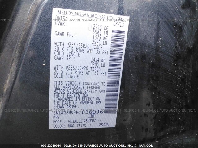 5N1AR2MN9EC616096 - 2014 NISSAN PATHFINDER S/SV/SL/PLATINUM 蓝色 照片 9