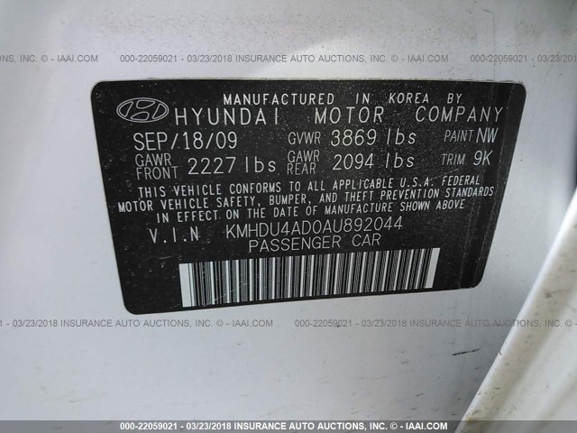 KMHDU4AD0AU892044 - 2010 HYUNDAI ELANTRA BLUE/GLS/SE WHITE photo 9