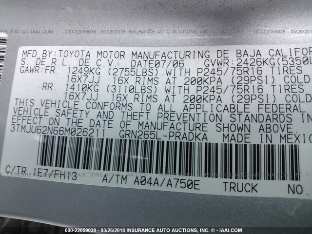 3TMJU62N66M026211 - 2006 TOYOTA TACOMA DOUBLE CAB PRERUNNER SILVER photo 9