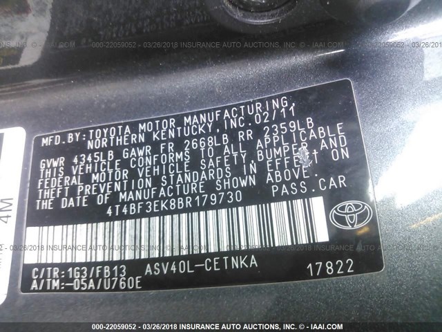 4T4BF3EK8BR179730 - 2011 TOYOTA CAMRY SE/LE/XLE Серый фото 9