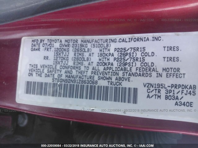 5TEGN92N91Z863068 - 2001 TOYOTA TACOMA DOUBLE CAB PRERUNNER RED photo 9
