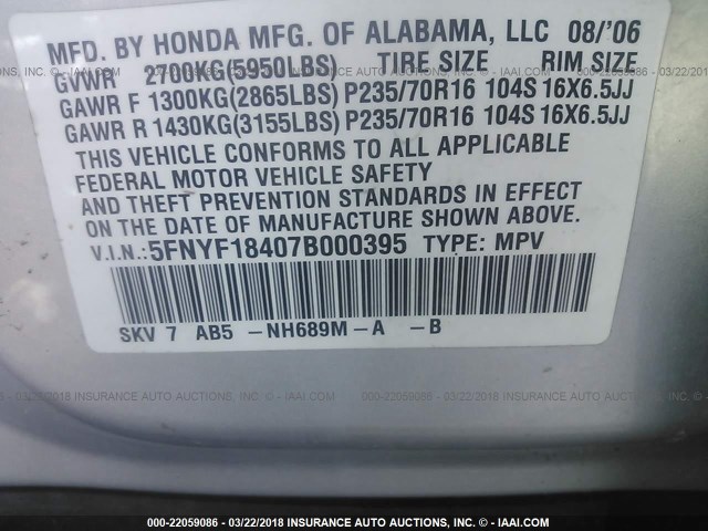 5FNYF18407B000395 - 2007 HONDA PILOT EX SILVER photo 9