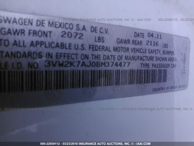 3VW2K7AJ0BM374477 - 2011 VOLKSWAGEN JETTA S 白色 照片 9