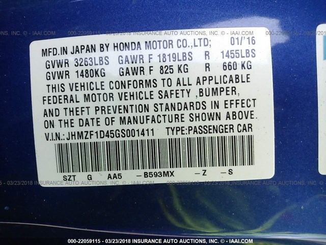 JHMZF1D45GS001411 - 2016 HONDA CR-Z BLUE photo 9