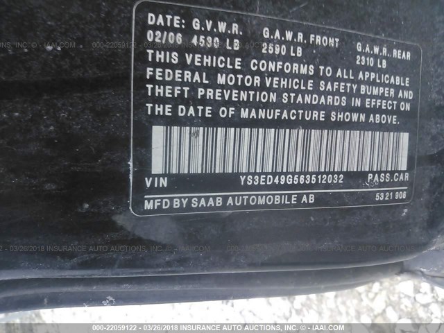 YS3ED49G563512032 - 2006 SAAB 9-5 BLACK photo 9