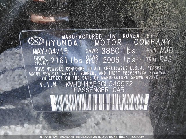 KMHDH4AE3GU545572 - 2016 HYUNDAI ELANTRA SE/SPORT/LIMITED BLACK photo 9