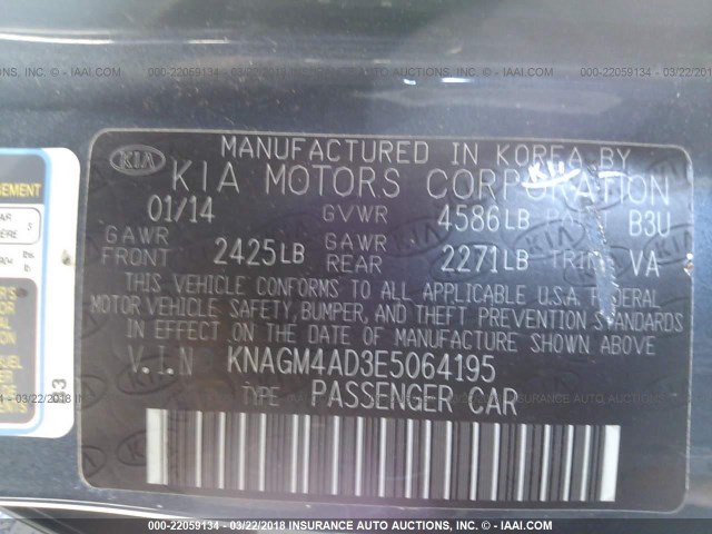 KNAGM4AD3E5064195 - 2014 KIA OPTIMA HYBRID BLUE photo 9