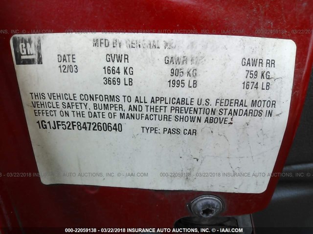 1G1JF52F847260640 - 2004 CHEVROLET CAVALIER LS 红色 照片 9